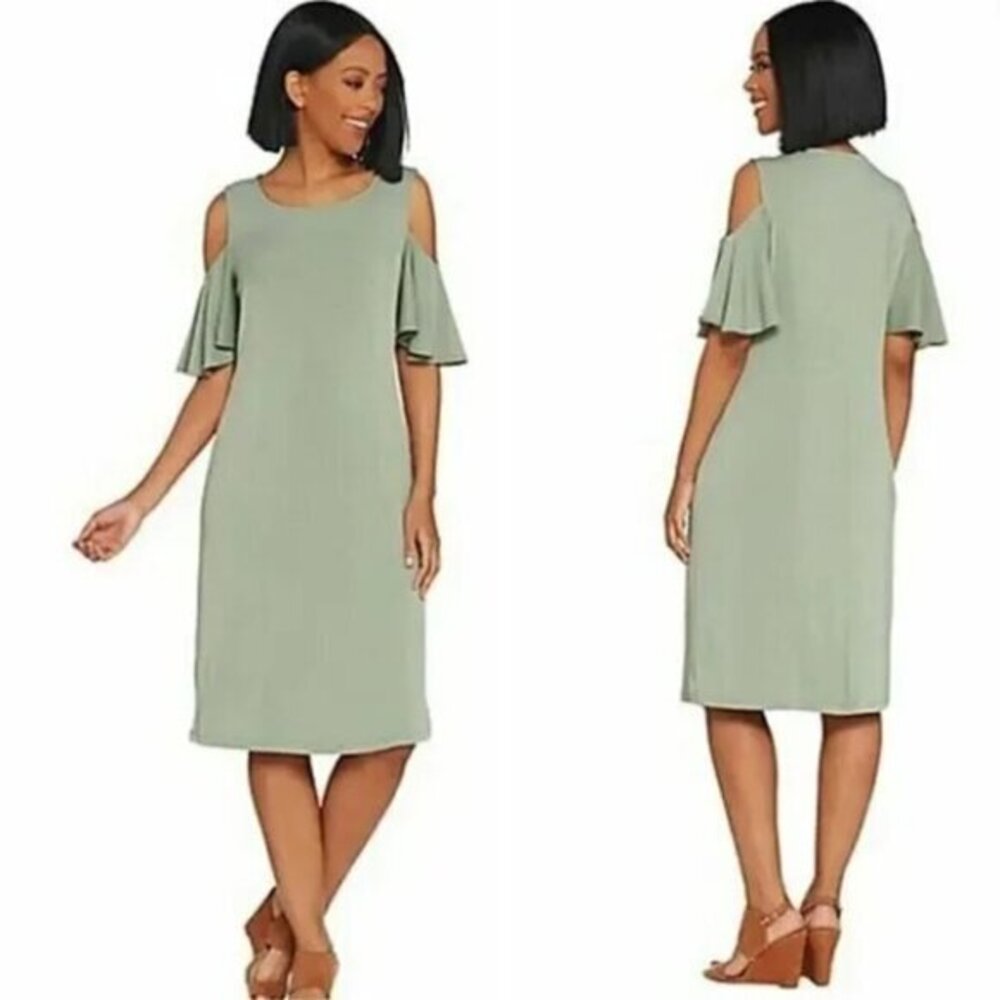 Belle Kim Gravel Dress Womens Size 1X Moss Green Flirt Sleeve Cold Shoulder‎